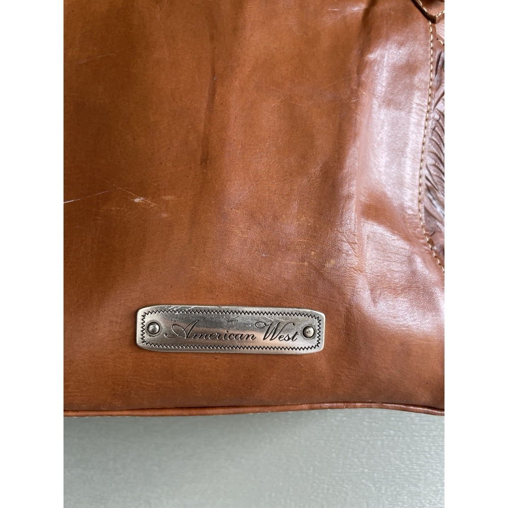 American West Embossed Tooled Leather Western Style Brown Tan Handbag Purse Bag - Picture 6 of 16